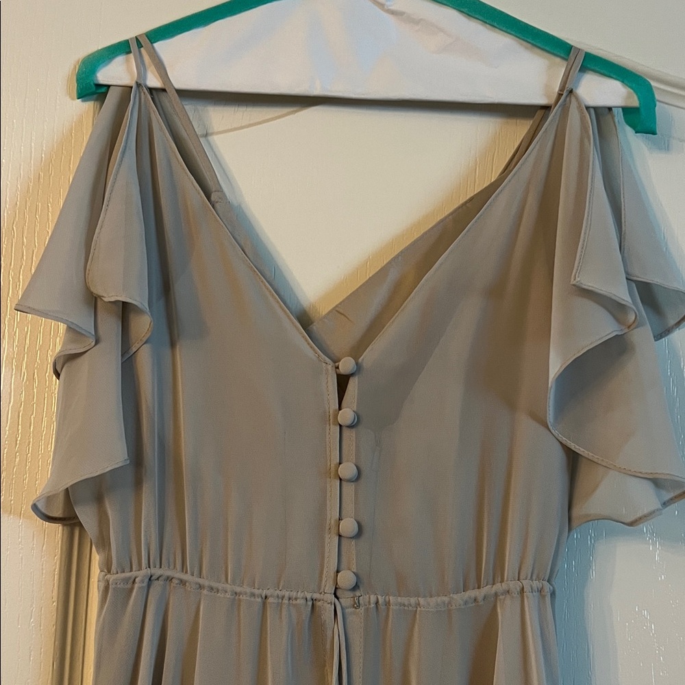 Jenny Yoo collection Elegant Dove Grey Flutter Sleeve Full Length Formal Dress - Picture 5 of 8